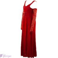 Langes rotes Dornröschen-Kleid mit Spitzenärmeln und Schnürung  2. Wahl